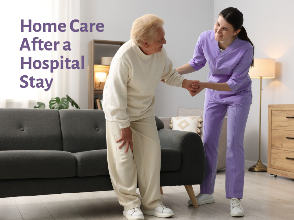 Senior woman being helped off couch by home care aide